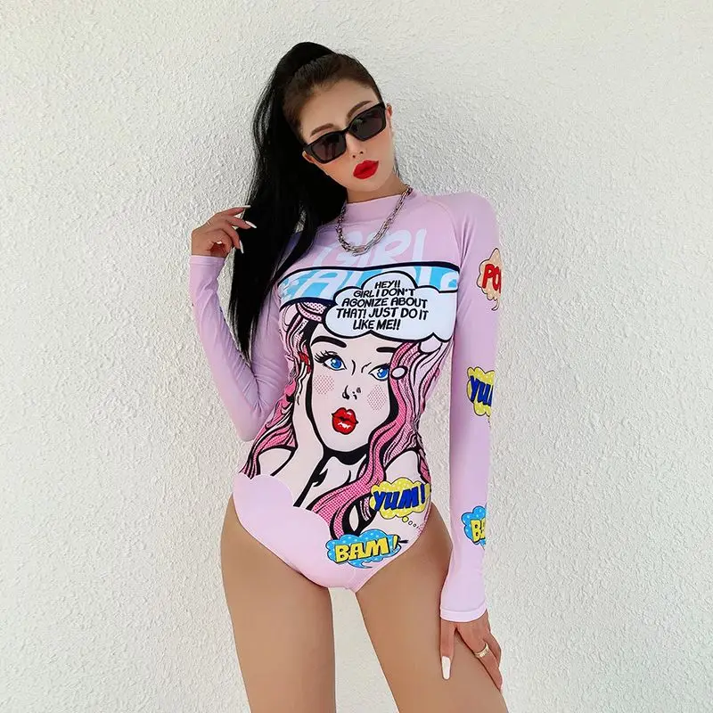 Hikigawa Cartoon Print Slim Long Sleeve Swimwear Casual Chic Fashion Swimsuit Women Suncreen Bodysuits Top Roupas Femininas