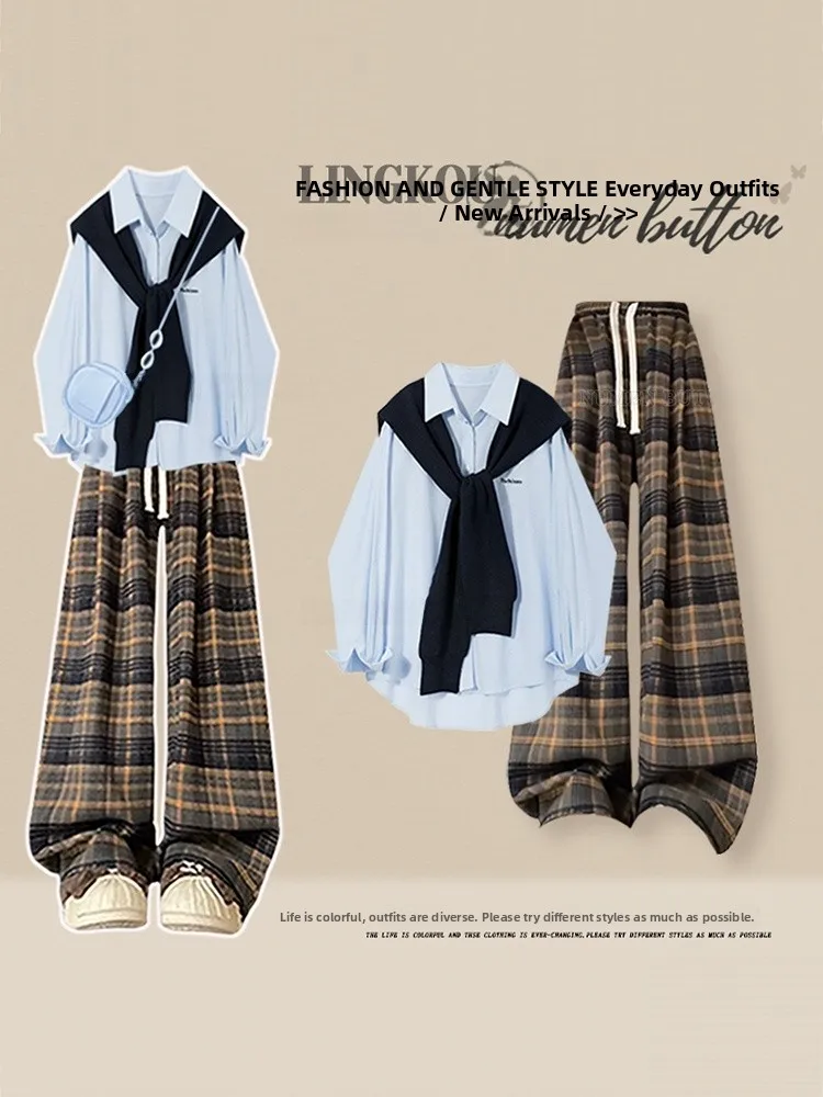 

Elegant Autumnal Women's Two-Piece Set Korean Style Shirt with Shawl Slimming Plaid Casual Pants Vintage Fashion Ensemble