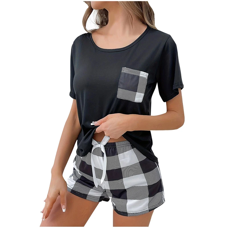 Pijama de dos piezas para mujer, camiseta de manga corta con cuello redondo y pantalones cortos con lazo a cuadros, conjunto de pijama informal para el hogar