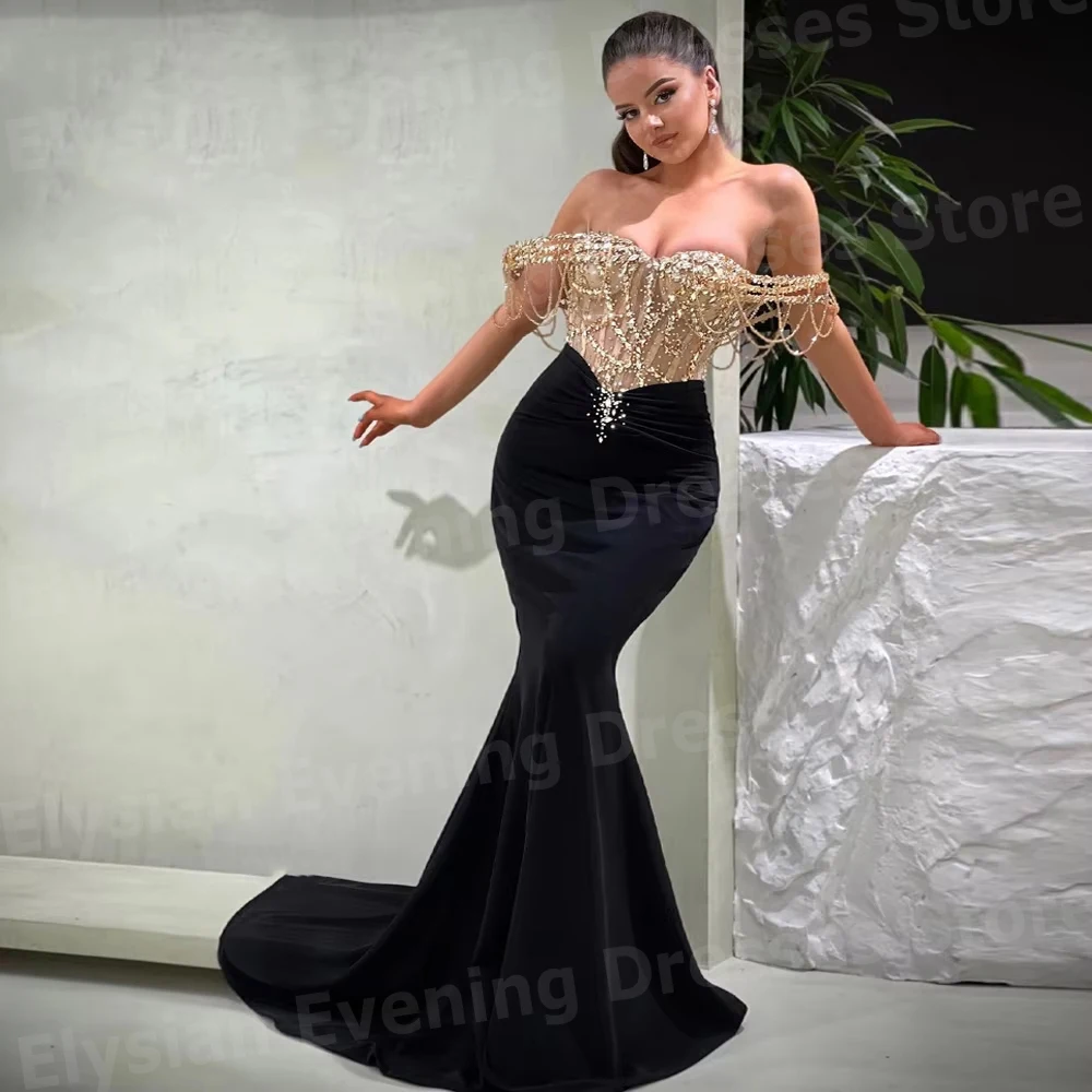 Bezaubernde schulterfreie Meerjungfrauen-Abendkleider für Damen, maßgeschneiderte Robe De Soirée, Ballkleider, ärmellose Kleider mit Perlenstickerei für Damen