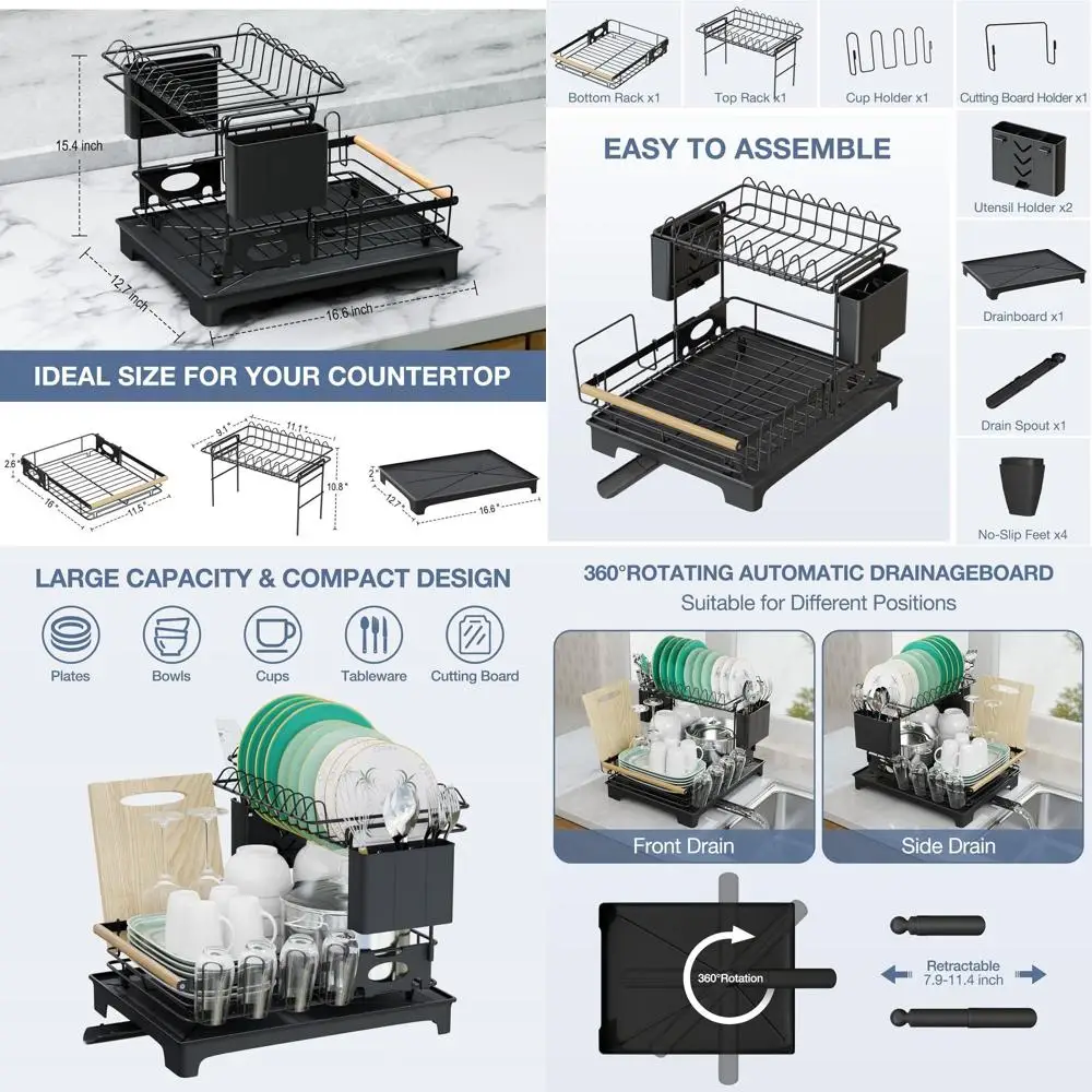 

Double-Tier Kitchen Dish Rack - Large Capacity, Anti-Rust, with Drainboard, Cup and Utensil Holders