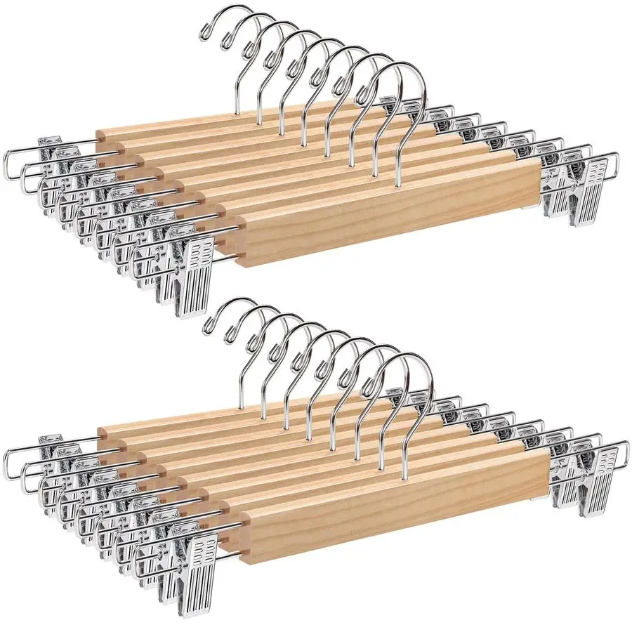 

24 Pack 14.17 Solid Natural Wooden Pant Skirt Hangers, Bottom Hangers for Slacks Trousers Jeans with 2Adjustable AntiRust Clips