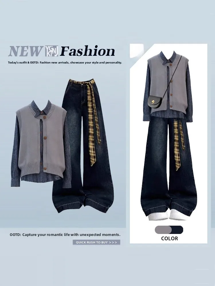 

Winter Loose Lazy Sle Plaid irt Knitted Denim Wide Leg Jeans Tee Piece Set Women's Faion Ensemble College Sle