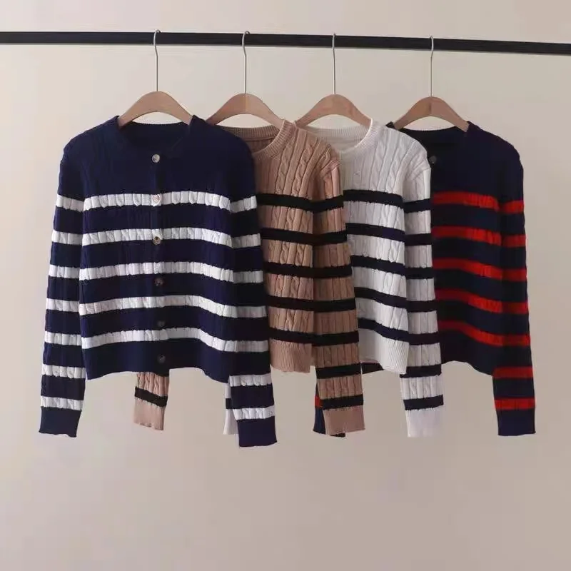 Autumn Winter Vintage Stripe Knitted Cardigan Women Sweater Fashion Knitted Chic Embroidery Knitwear