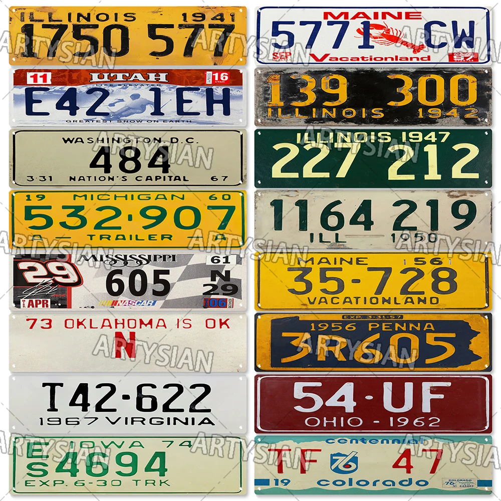 US State Metal Sign Vintage Metal Tin Sign Wall Decor Truck Vehicle Trailer Tractor Car Number Plate Illinois Oklahoma Texas