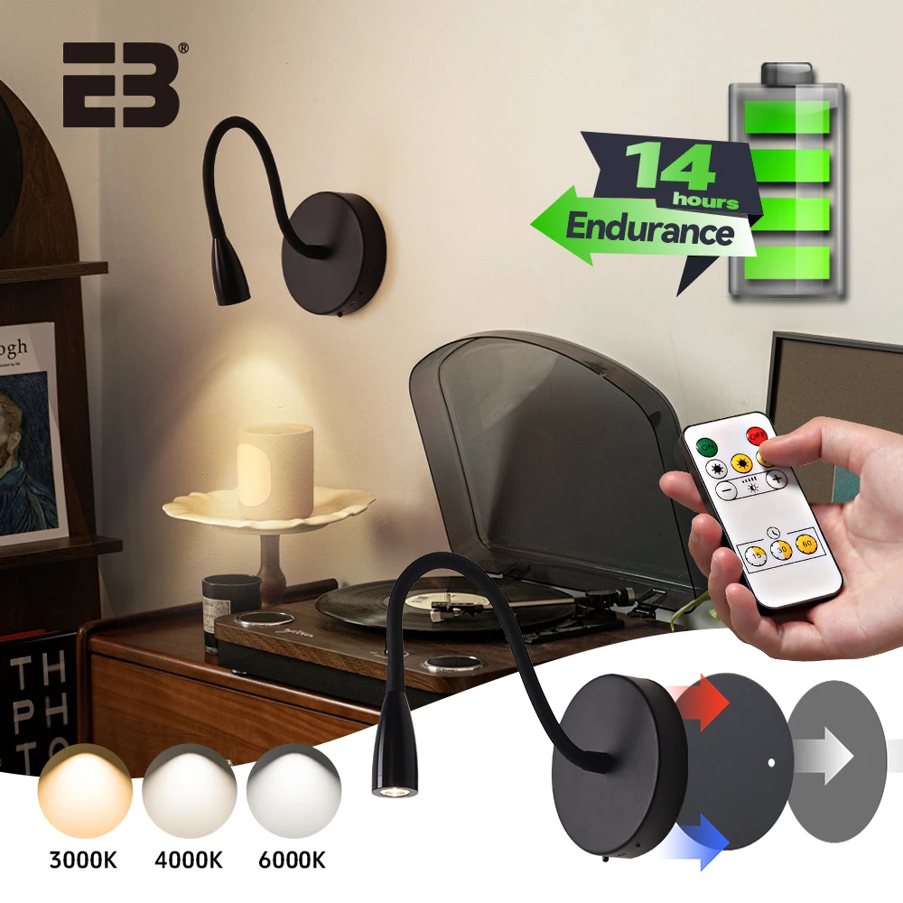 ワイヤレスウォールライト-usb-充電-4400mah-led-壁取り付け用燭台バッテリー柔軟なチューブ調光寝室の横ランプブラック