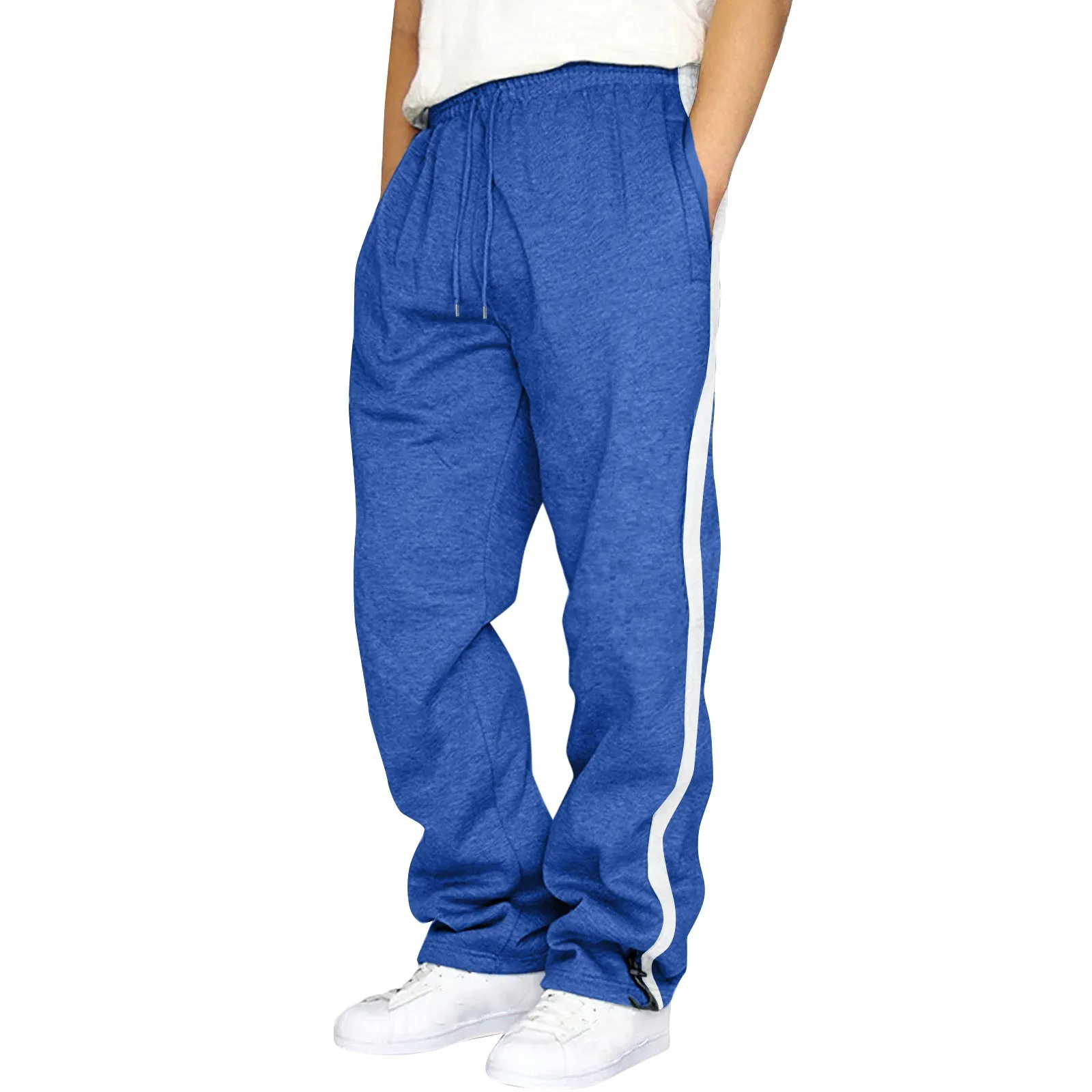 Pantalones deportivos para hombre, pantalones elásticos a rayas con bolsillos de cintura alta, pantalones deportivos para gimnasio y trotar, pantalones con cordón, pantalones rectos de pierna ancha sueltos