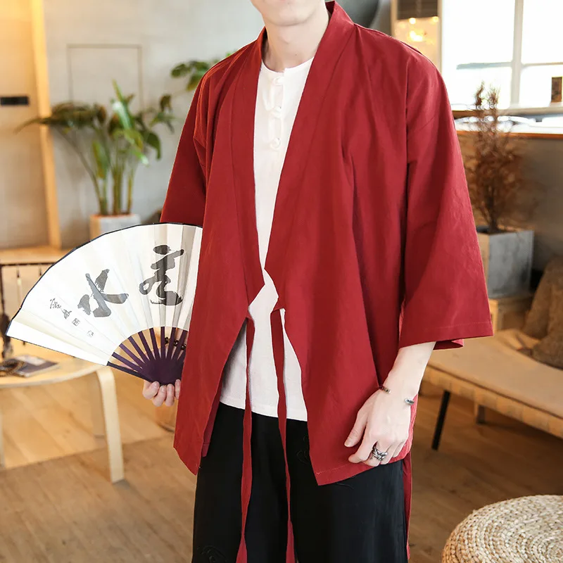 

Men's Chinese Style buttonless Linen Cardigan Jacket loose kimono Jacket Solid Color Hanfu Traditional Clothing Taoist robe