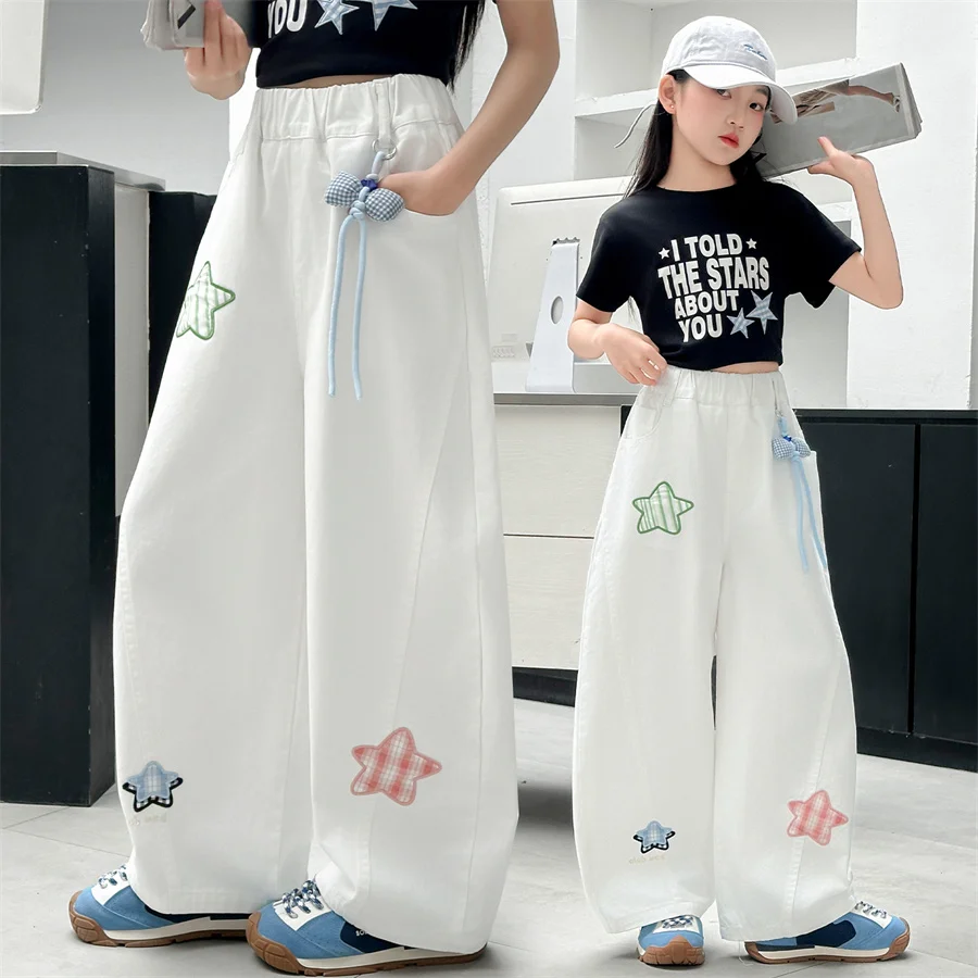 New Arrival Children Hot Sale Cotton Curved Pants with Stars for Kids Girls Elegant Loose Straight Jeans Trousers Age 5-14 Years