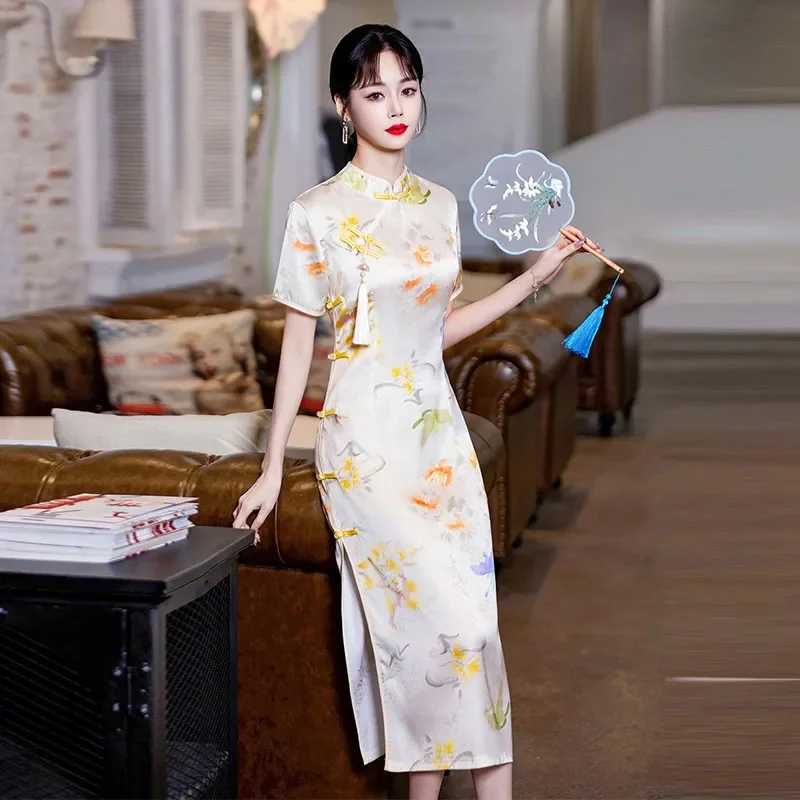 Cheongsam tradicional retrô estilo chinês, manga curta, Qipao moderno melhorado, vestido de festa 4XL, novo, verão