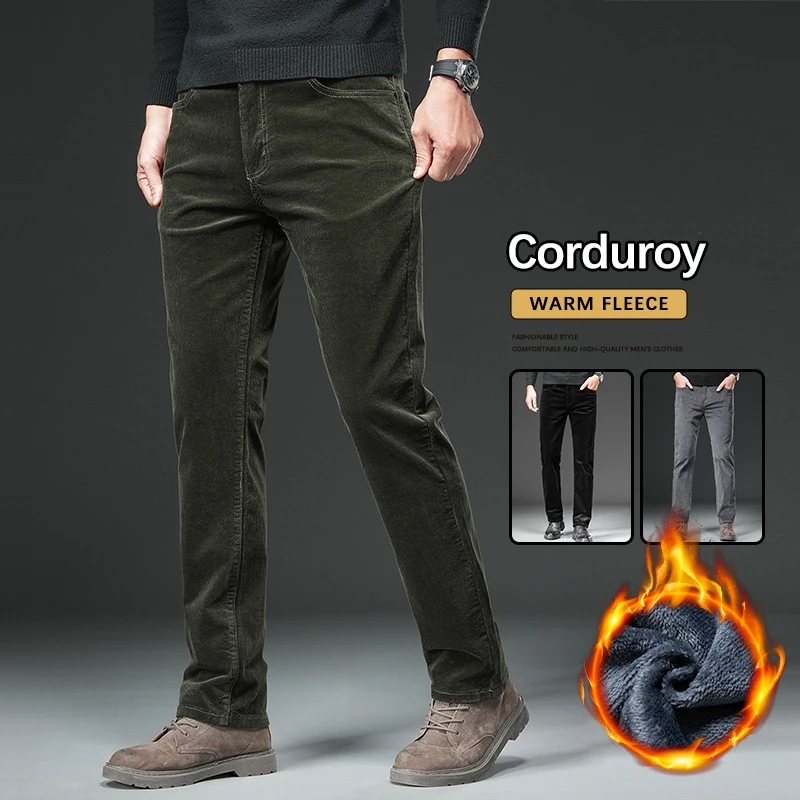 

Winter Fleece Warm Casual Pants Men's Corduroy Soft Comfort Straight Business Trousers Thickened Plush Velvet Thermal Pants