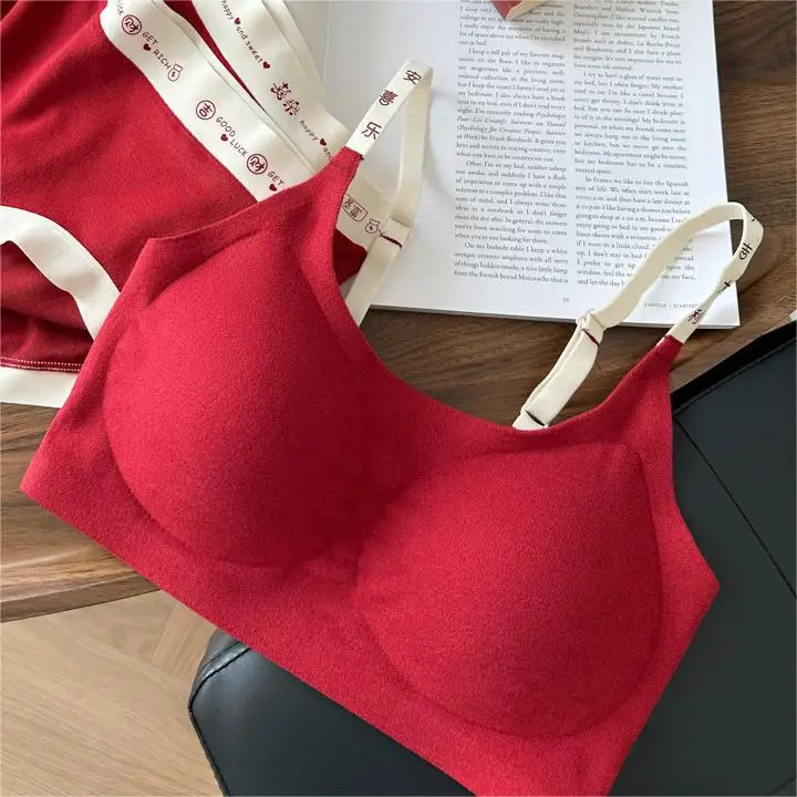 

New Year Wine Red Brushed Bra women Primordial Year wire free spaghetti strap underwear YAG6863 underpants briefs search N8368