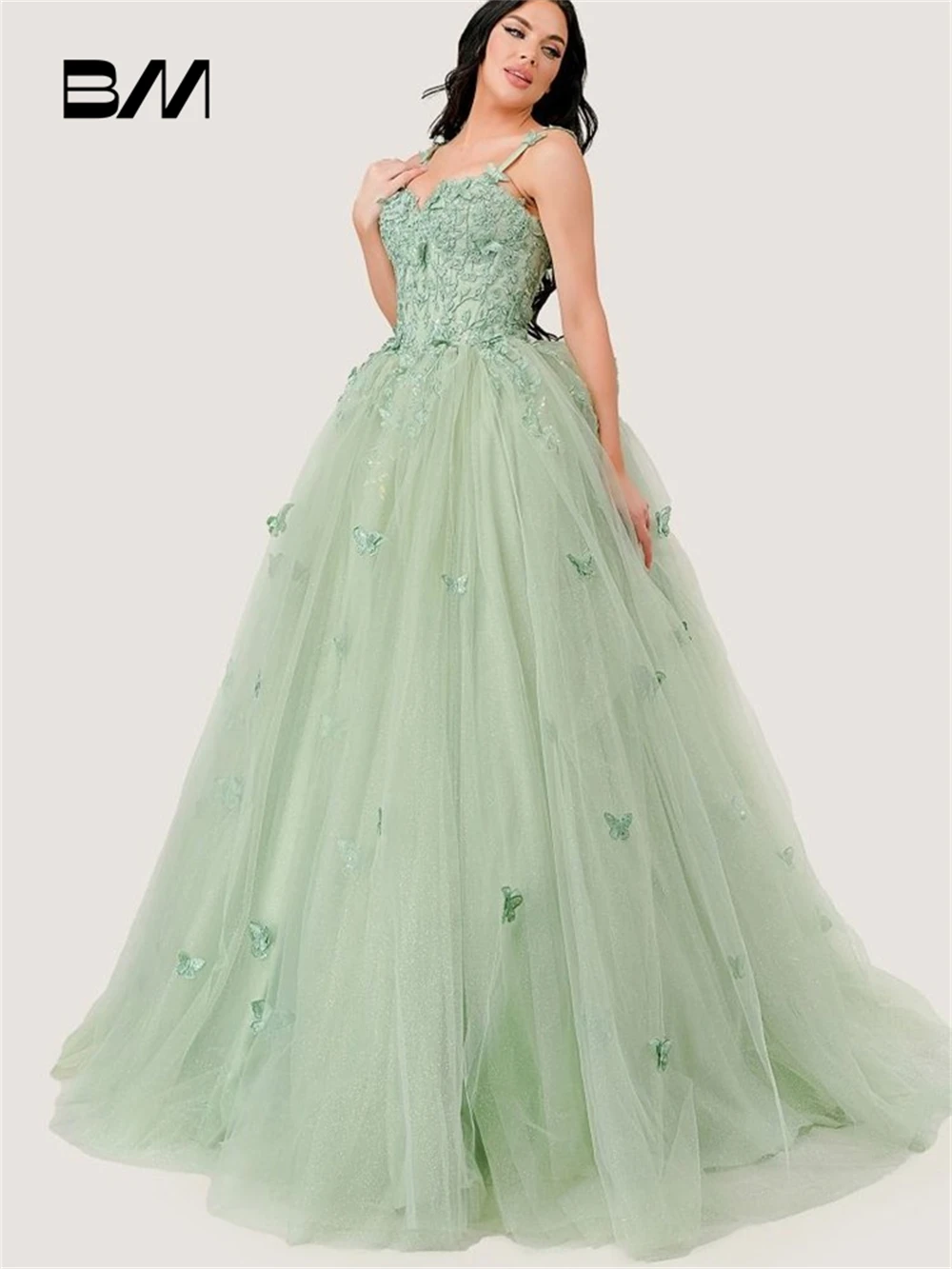 Sage Butterfly Appliques Sweet 15 16 Dress, Tulle A Line Long Quinceanera Dress High Waist Customizable Prom Dresses