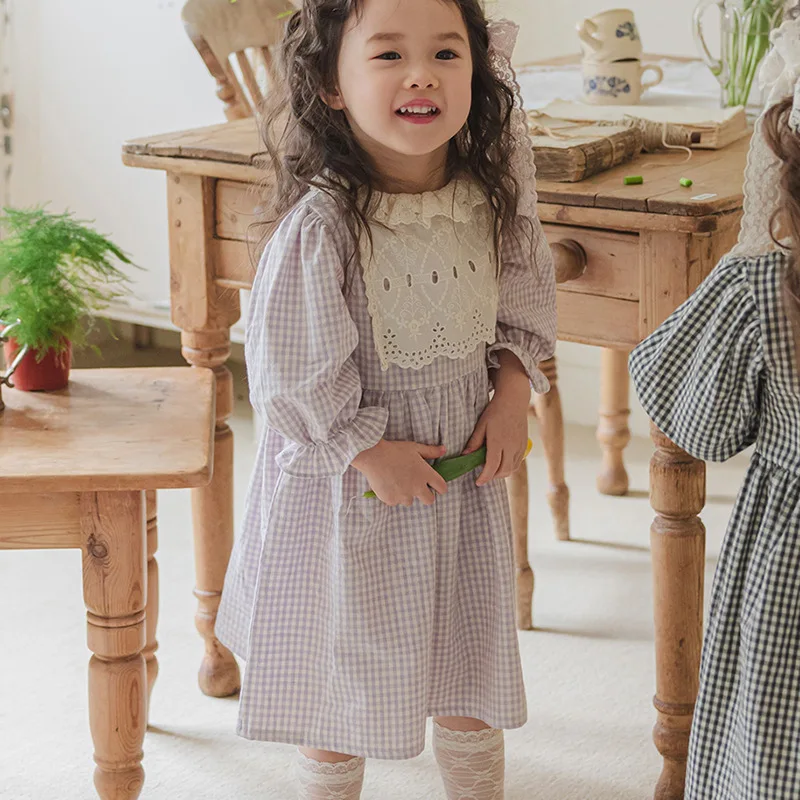 

2025Autumn Strawberry Shan Children's Girl Cotton Soft Sweet Lace Patchwork Ruffle Collar Plaid Dress