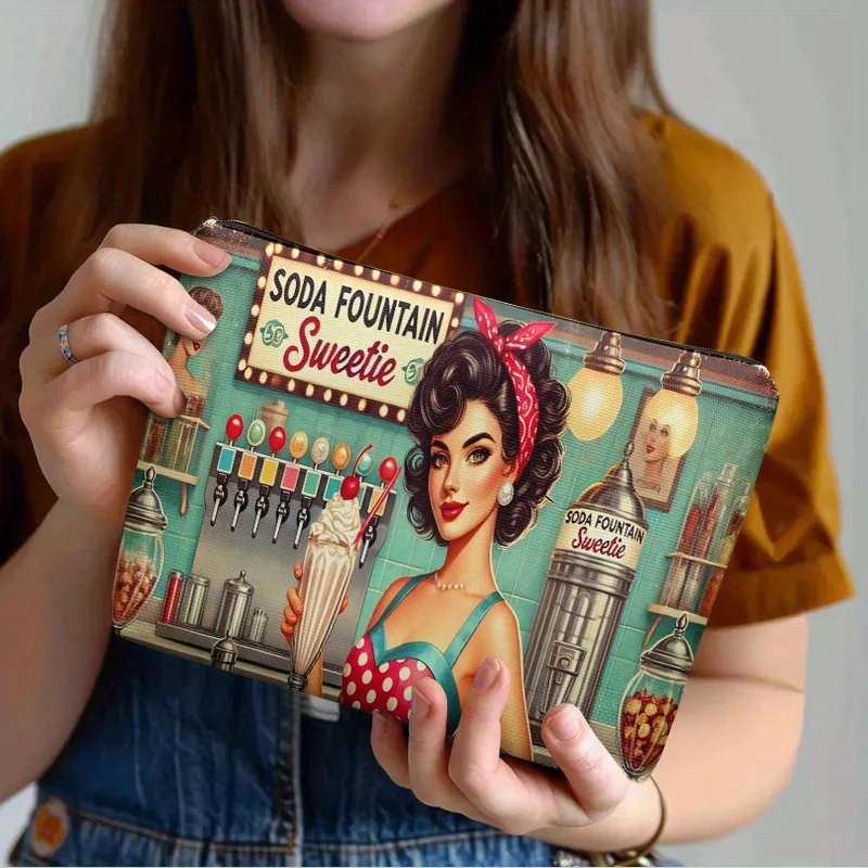 1pc Bolsa de Cosméticos Vintage con Diseño de Fuente de Soda - Estampado Retro de Diner de Doble Cara, Útiles Escolares y Artículos Esenciales de Viaje - Regalo Unisex