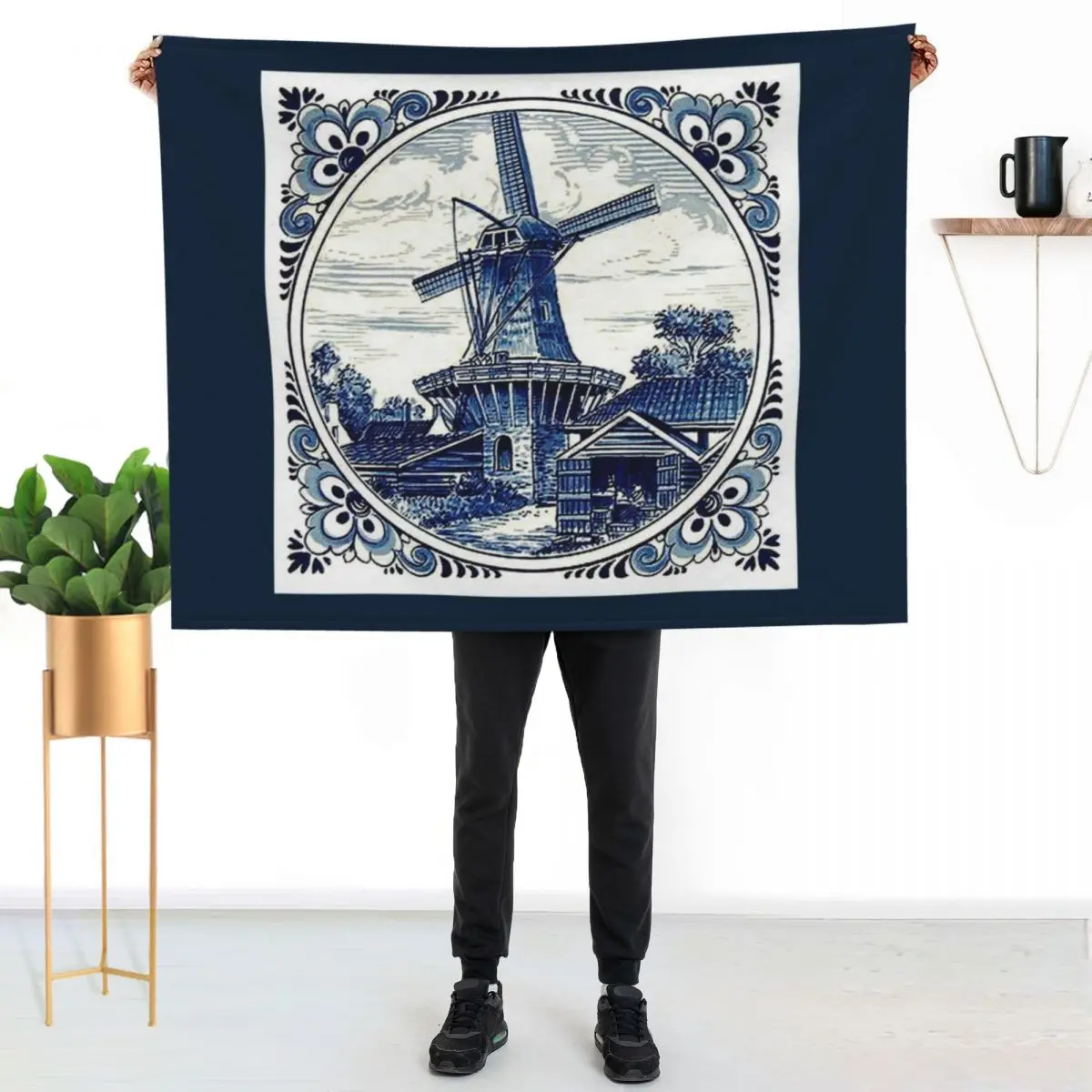 

DUTCH BLUE DELFT : Vintage WindmillPrint Throw Blanket No Pilling Soft Warm Blanket for Bed