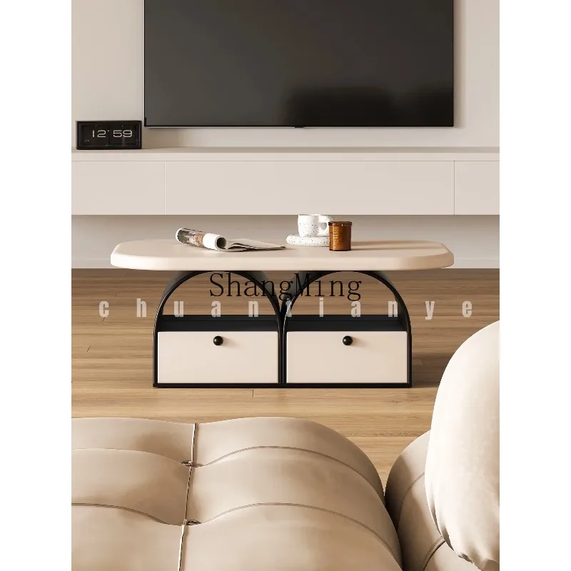 CL Light Luxury Round Storage Coffee Table Living Room Household Modern Black and Red Creative Tea Table