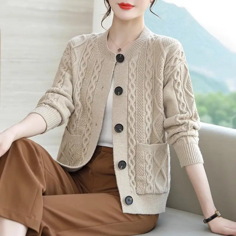 O-neck Knitting Cardigan Coat Women Autumn Winter Simplicity Office Lady Solid Color Sweater Elegant Temperament Knitwear Tops