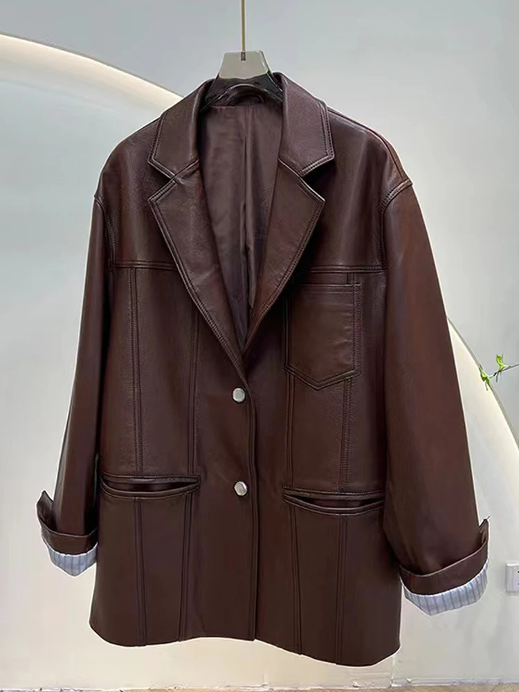 2024 Herbst Frauen übergroße echte Lederjacke weiblich Schaffell Retro braun breite Schulter Anzug Mantel Streetwear Blazer