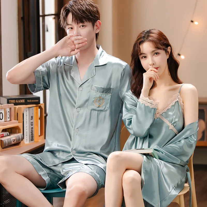 Solid Color Sleepwear Silk Satin Pajamas Couple Set Long Button-Down Pyjamas Suit Pijama Women Men Loungewear Plus Size Pj Set