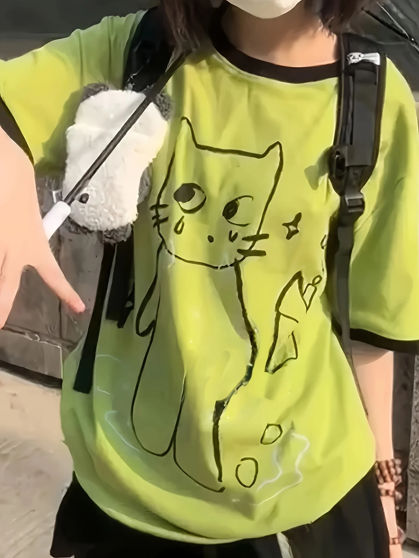 Retro K-Pop Inspired Women's Men's Lime Green Cat & Geometric Print T-Shirt Short Sleeve Round Neck Casual Top