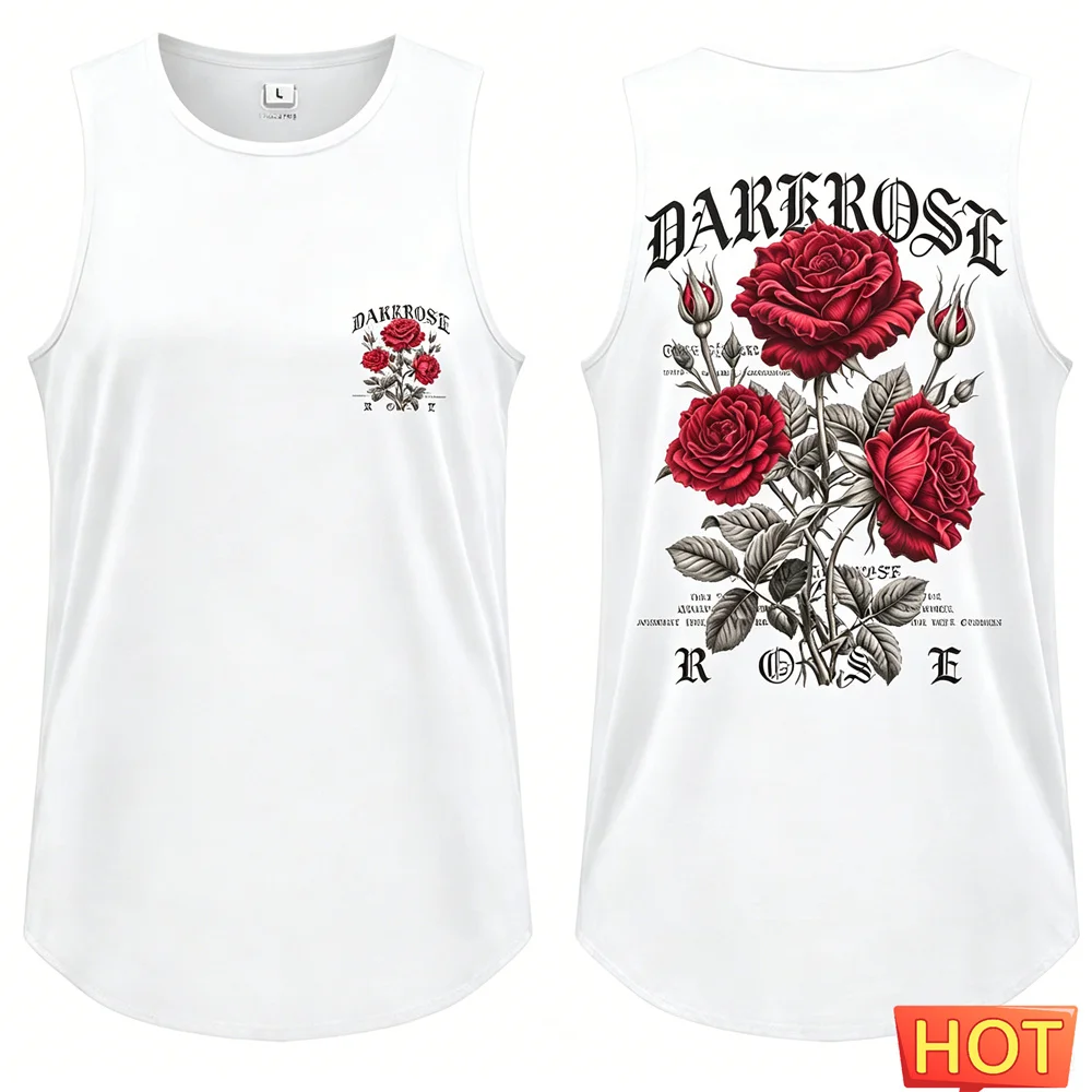 Ärmelloses Herren-T-Shirt im Street-Style mit dunklem Rosenmuster, Herren-T-Shirts und Tanktops, Polyester-Sportweste, lässige Fitnesswesten