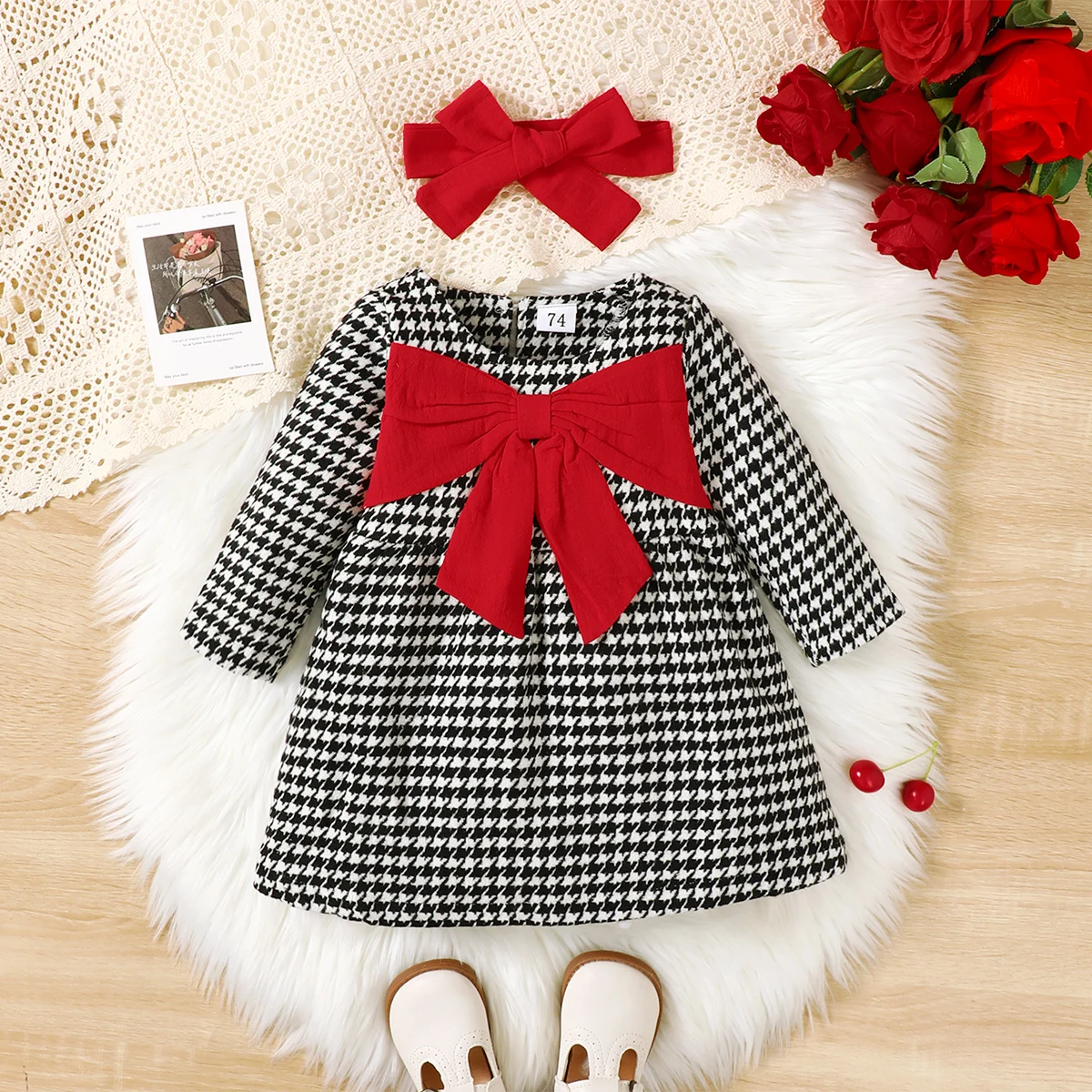 Baby-Mädchenkleid mit Tausend-Vögel-Muster und Großer Schleife, Langarm-Kleid Geeignet für 0-18 Monate, Frühling-Herbst Mädchen-Baby-Modekleid
