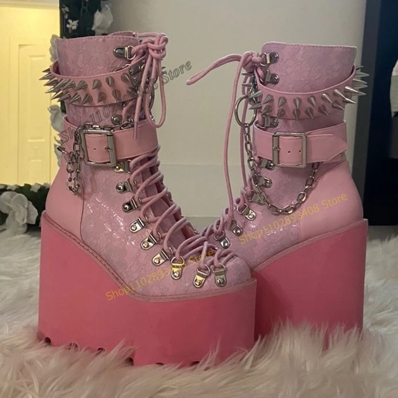 Pink Rivet Decor Cross Tied Ankle Boots Platform Chain Buckle Strap Wedge Heel Women Shoes 2023 Fashion Sexy Zapatos Para Mujere