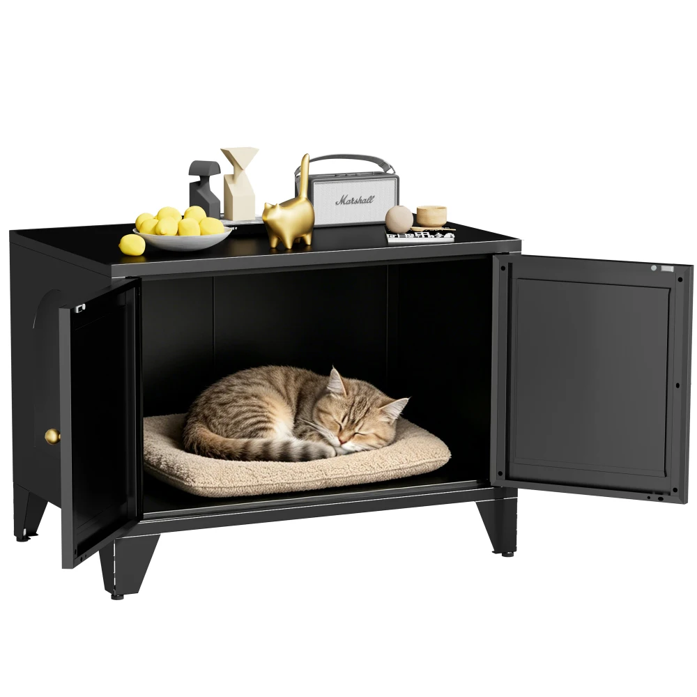 Ye Metal Cat Litter Box Enclosure: Modern Hidden Indoor Pet House, Freestanding Cabinet for Standard Litter Boxes, Black Decorative Side Table for Home