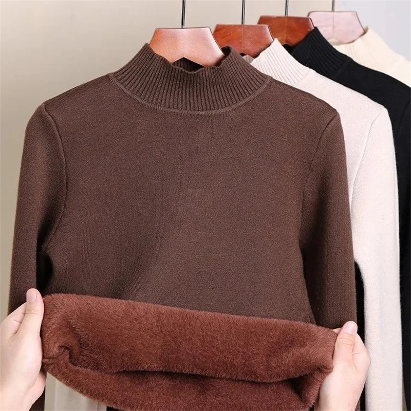 2023 Winter Korean Turtleneck Slim Thicken Knitted Pullovers Woman Plus Velvet Sweater Casual Fleece Lined Warm Knitwear Tops