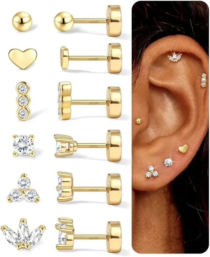 

Hypoallergenic Flat Back Earrings 14K Gold Filled Stud Earrings for Women Silver/Gold Surgical Steel