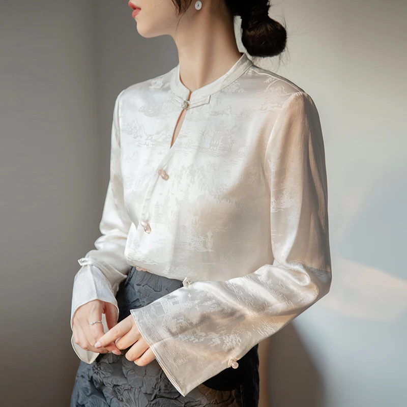 New Chinese Style Women Apricot Jacquard Top Round Collar Long Sleeve Asymmetric Button Design Female Blouses Women Tops