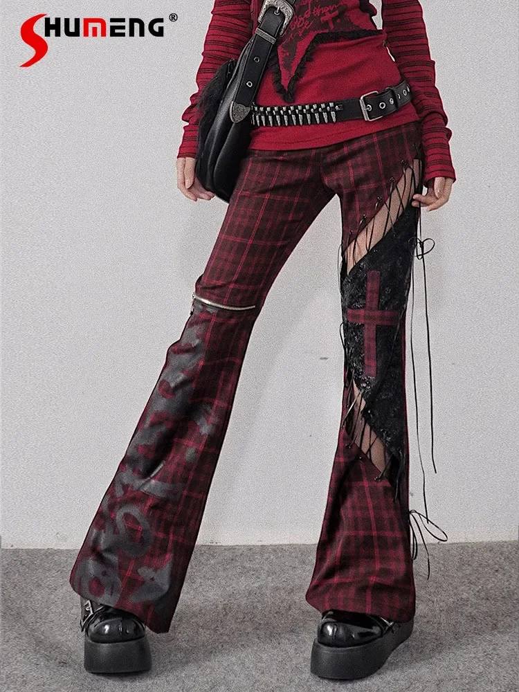 2024 Autumn New Original Lace-up Hollow Out Red Plaid Flare Pants Hot Girl Streetwear Fashion Hip-Hop Rock Low Waist Trousers