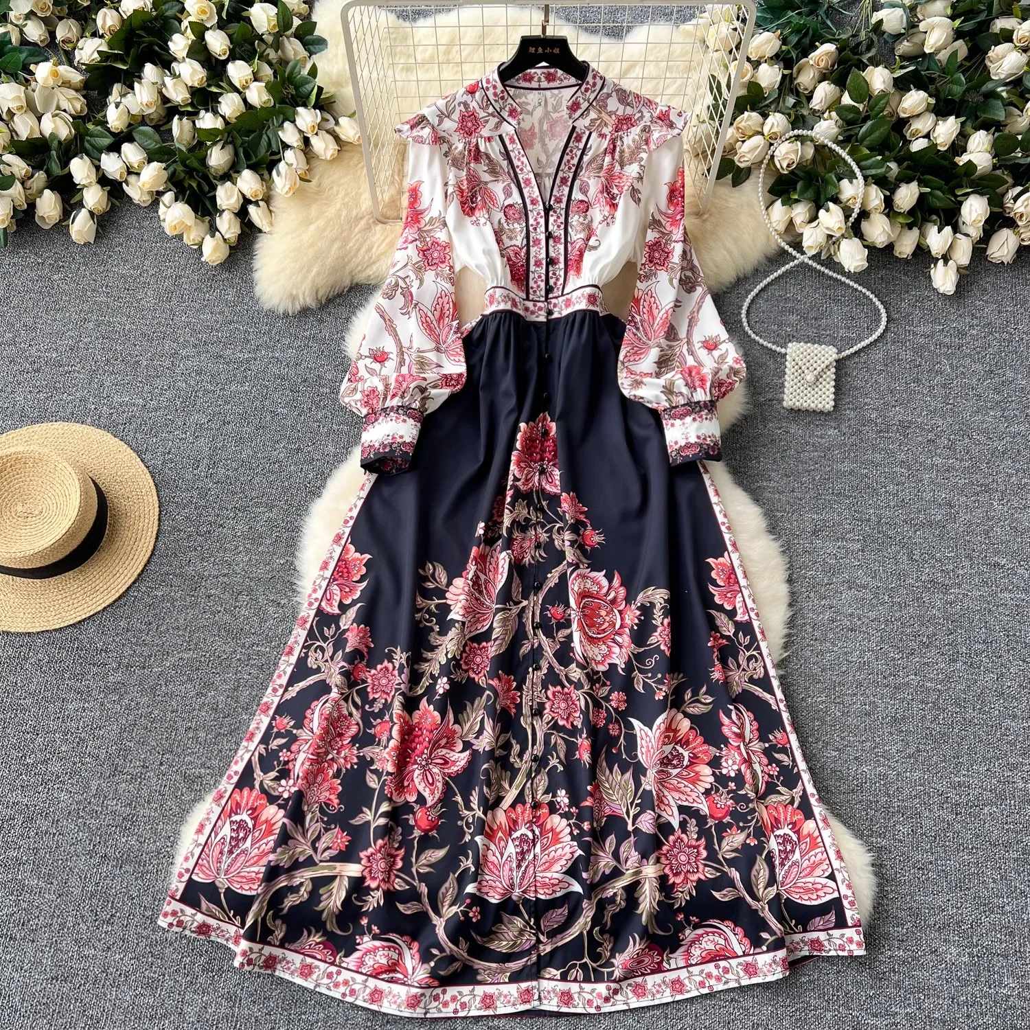 Autumn Runway V-Neck Long Maxi Dress Women's V-Neck Lantern Sleeve Single Breasted High Waist Floral Print Pleated Party Vestido