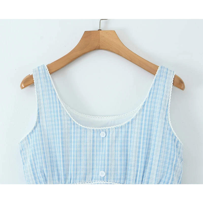 2025 Women O Neck Sleeveless Lace Splice Plaid Summer Dress Elegant Lady Holiday Casual Robe Short Tank Vestidos