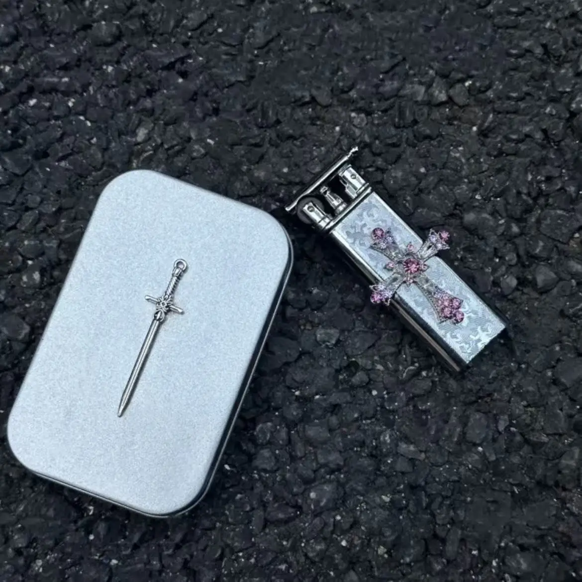 Gothic Rocker Lighter, Chrome Metallic Body, Jeweled Cross Ornament, Engraved Texture Windproof Jet Flame Refillable Collectible
