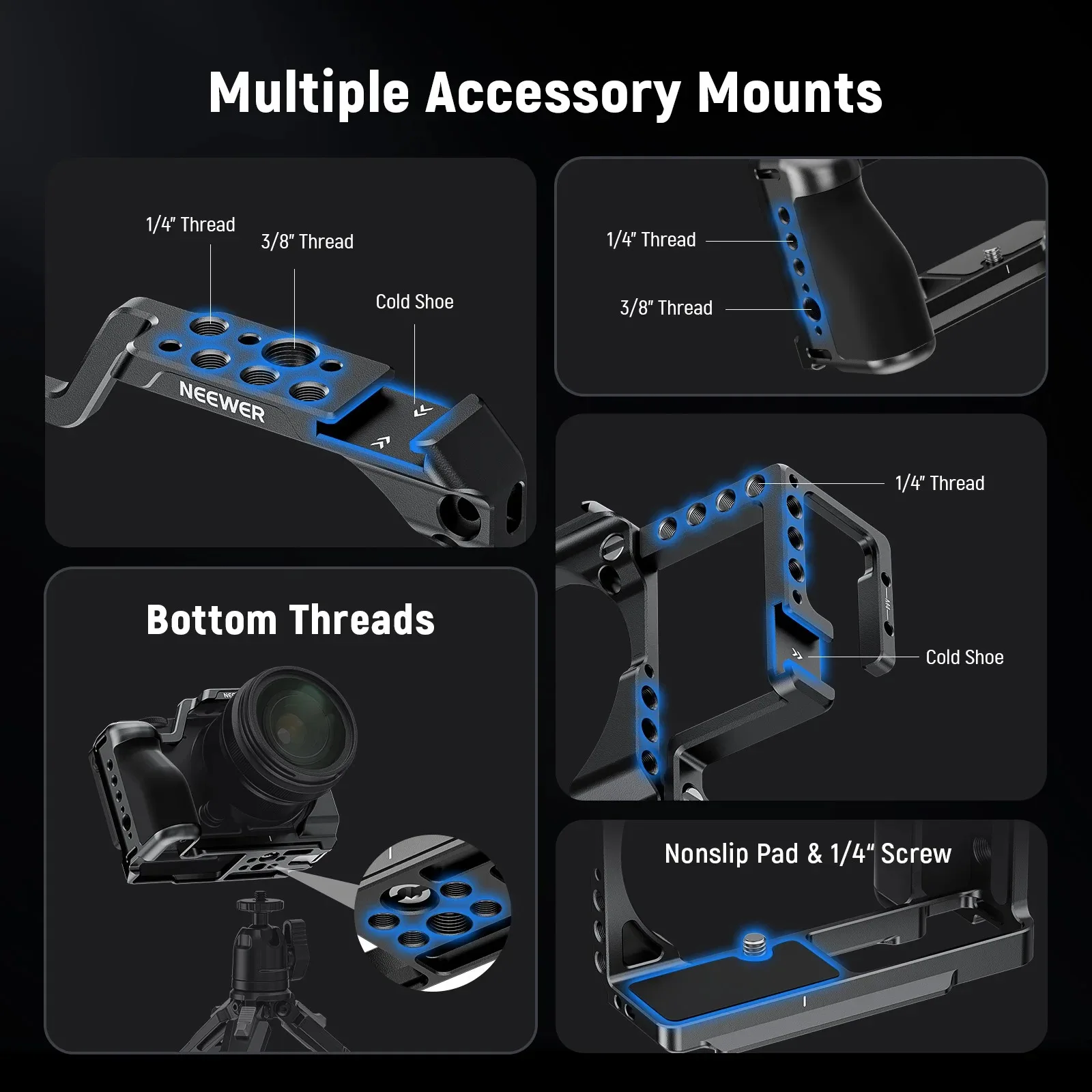 NEEWER Camera Cage for fp/fp L Camera, 1/4" & 3/8" Threads, Arca Quick Release Plate Silicone Grip For Sigma fp fpL