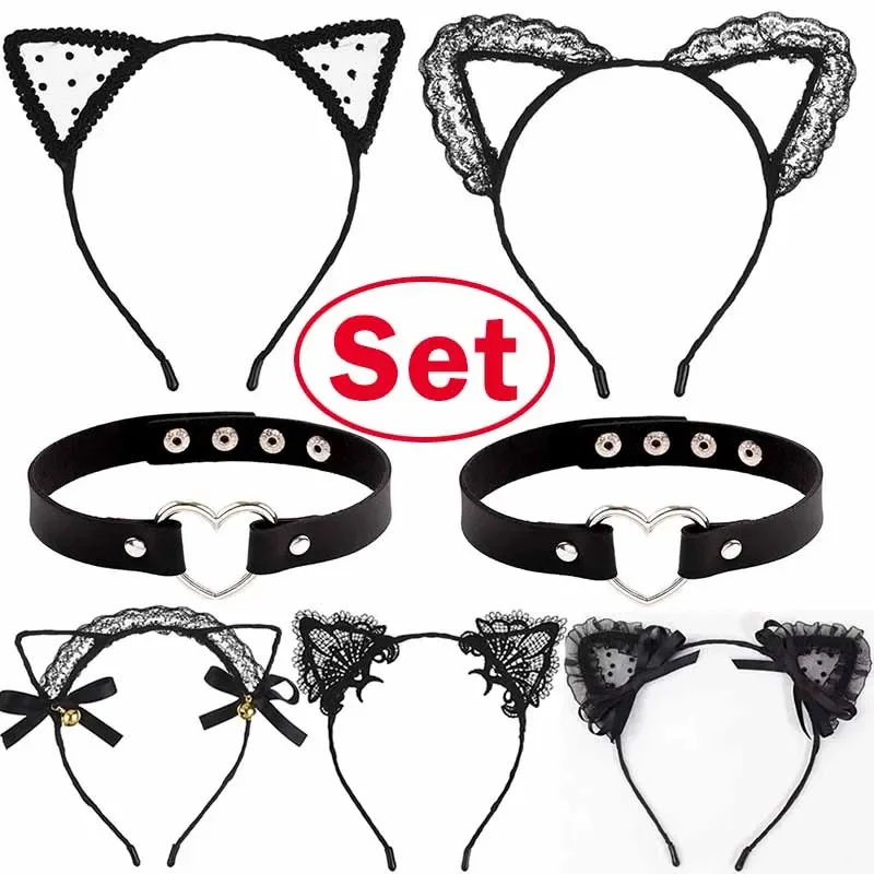 Cat Ears Headband Necklace Bear Ears Bowknot Hairband Black Lace Choker Women Cosplay Party Dance Headwear Hair Accessories