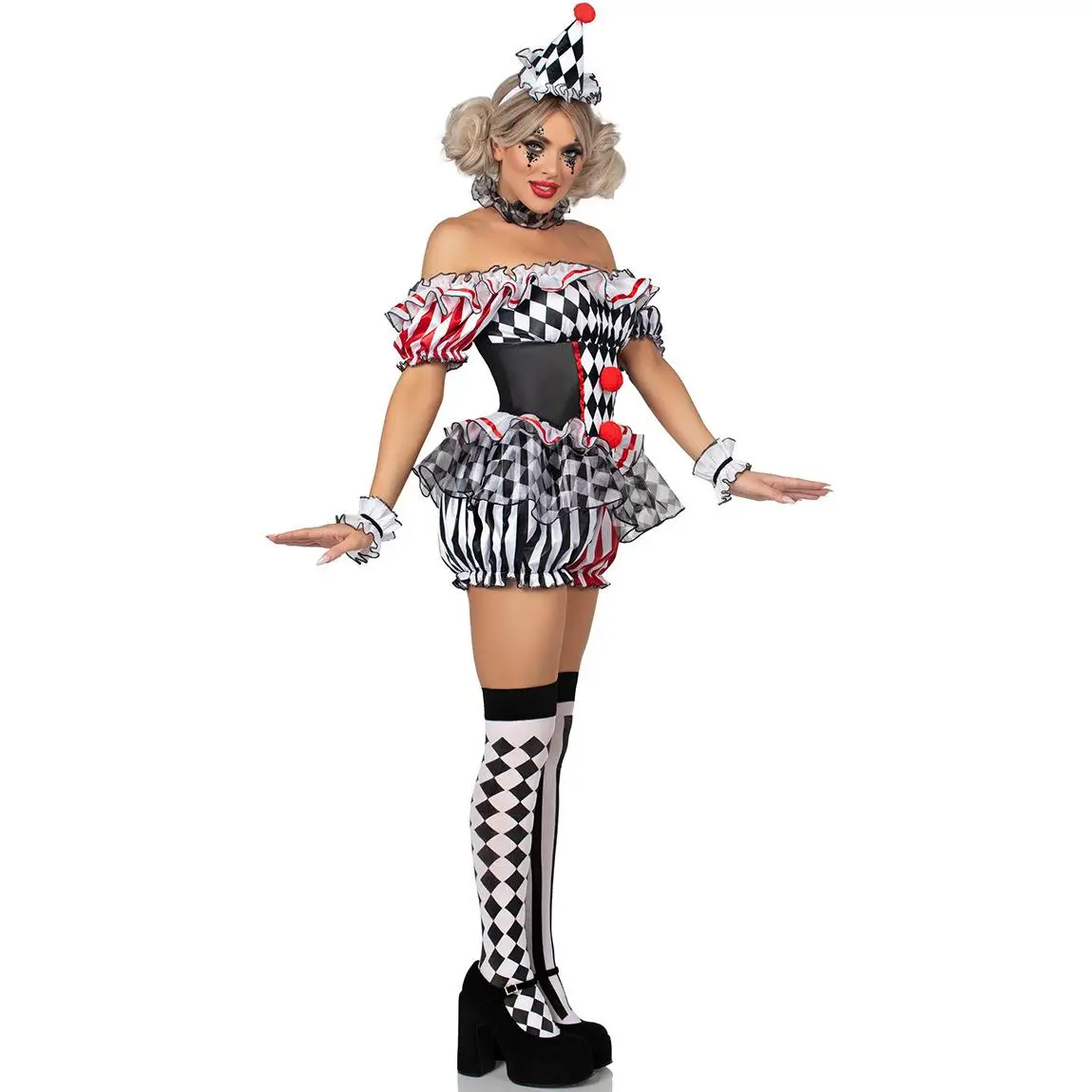

New S3XL Halloween Women's Clown COS Costume Party Role-playing Outfit Performative Clothing Versatile Harlequin Costume