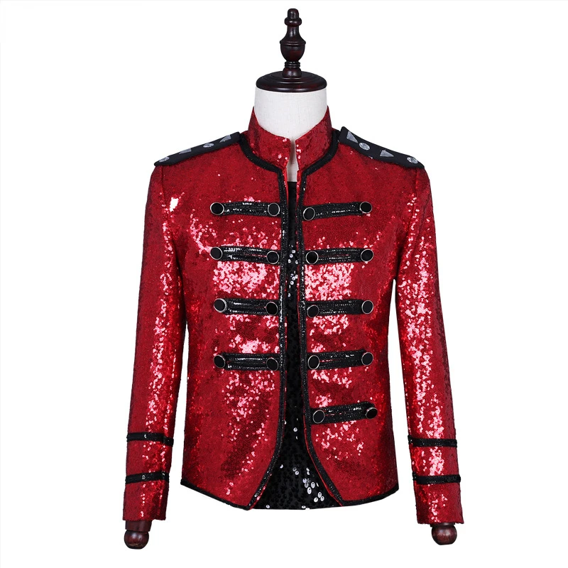 Men\'s Red Sequin Steampunk Military Jacket Double Breasted Punk Gothic Parade Suit Jacket Men Party Singer Show Prom Costume