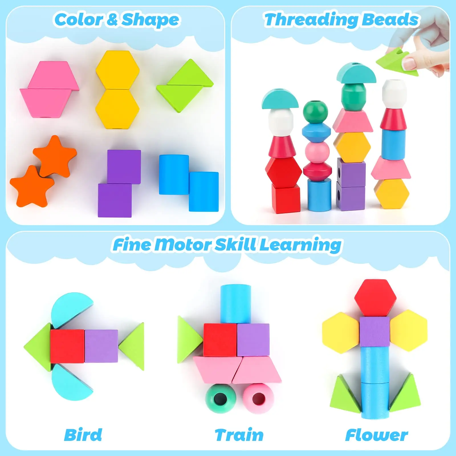 Montessori Wooden Toy Color & Shape Stacking Blocks Matching Educational Game Beaded Wire Maze For Toddlers Early Learning Toy