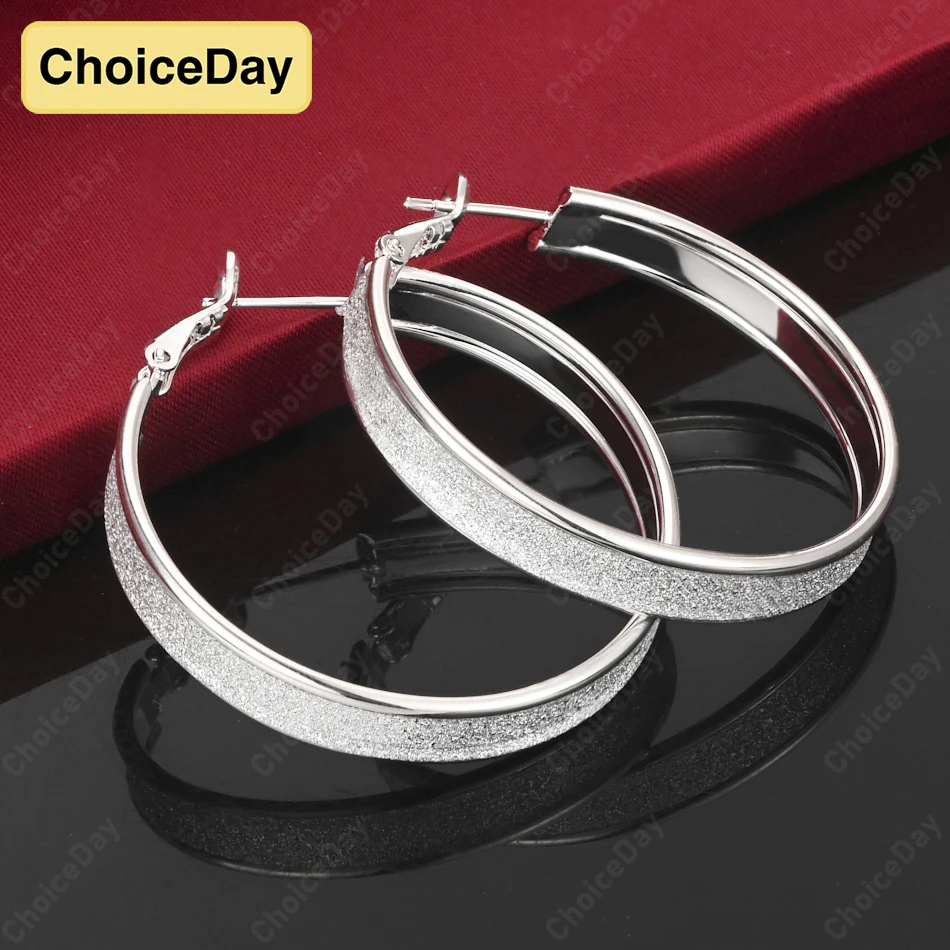 

ChoiceDay 925 Sterling Silver Large Round Frosted Hoop Earrings Women Gift Jewelry Party Accessories