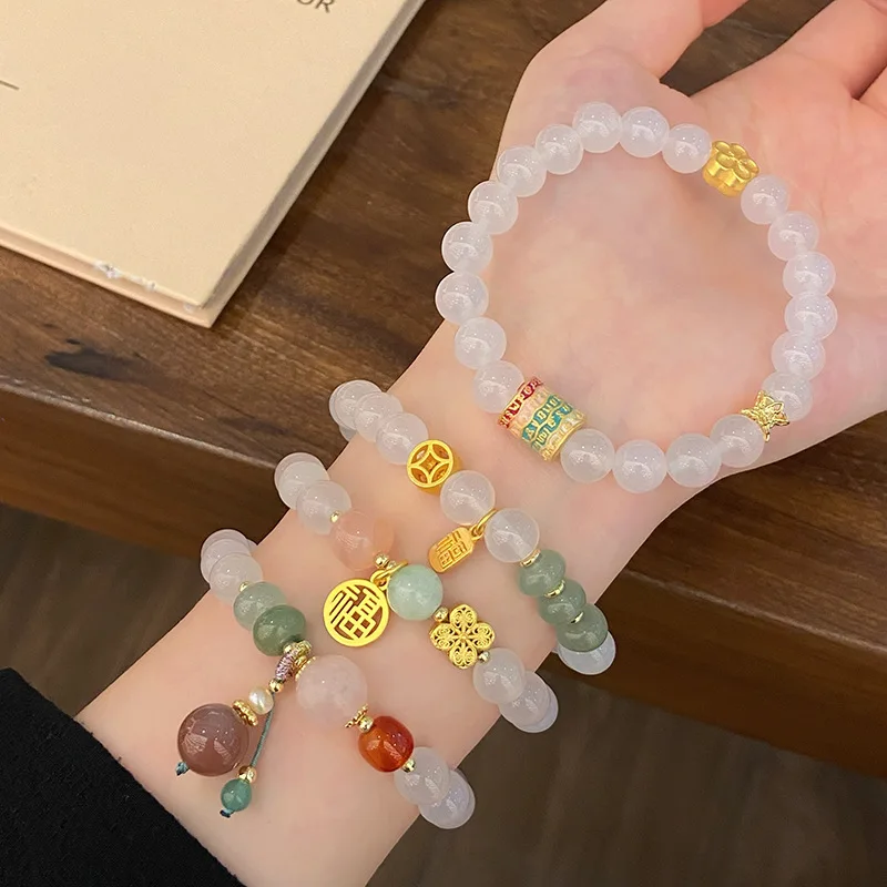 

Ancient Style New National Fashion Han Chinese Clothing Accessories White Agate Bracelet Female Sweet Fresh Fu Character