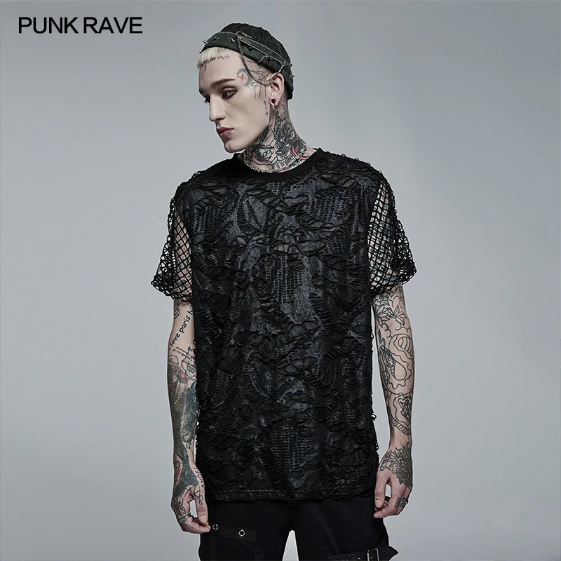PUNK RAVE Men's Gothic Mesh T-shirt, Black Polyester Elastane Broken Holes Short Sleeve Punk Top WT703