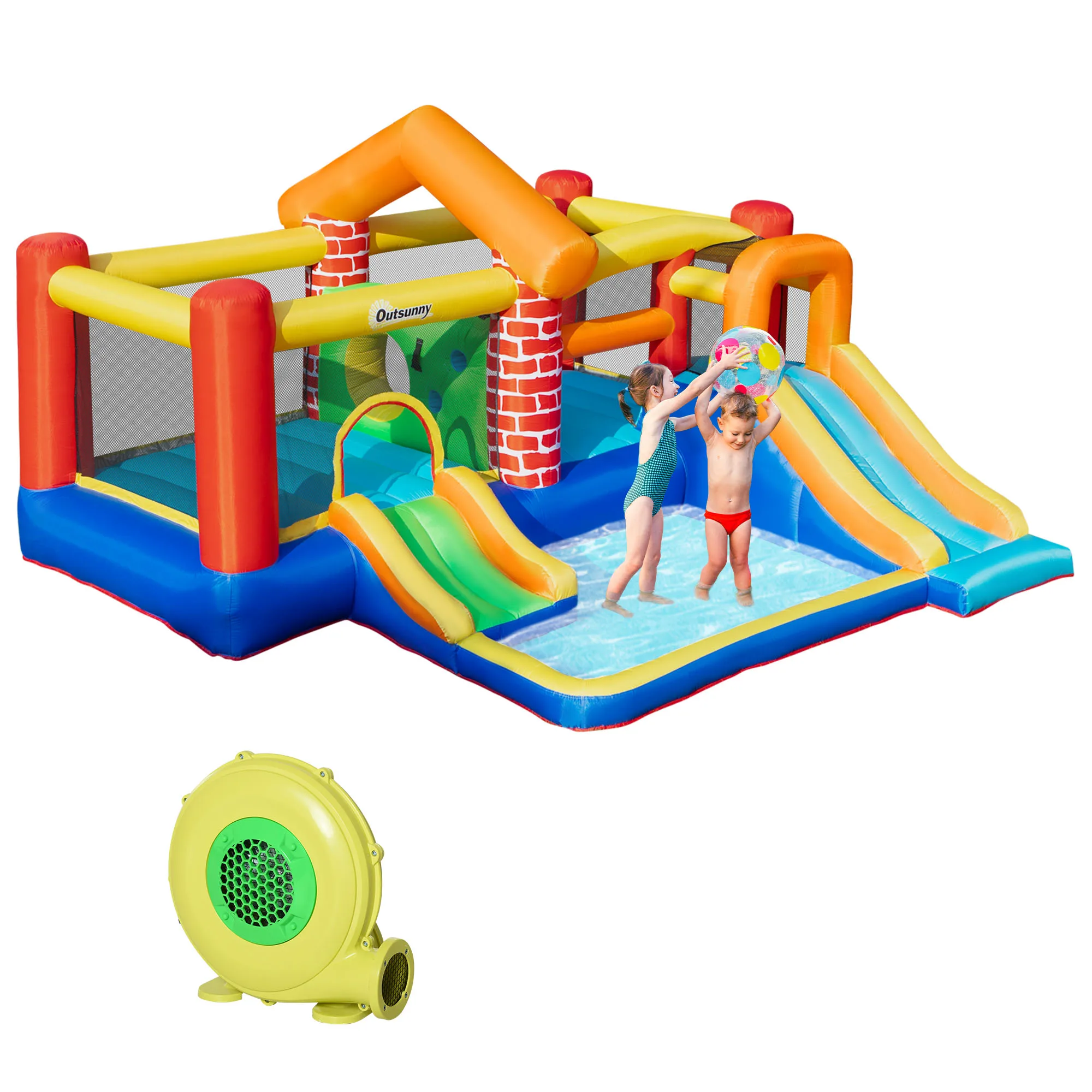 Outsunny Castillo Hinchable con 2 Toboganes 2 Camas de Salto y Piscina para Niños +3 Años para Interior Exterior 380x370x230 cm