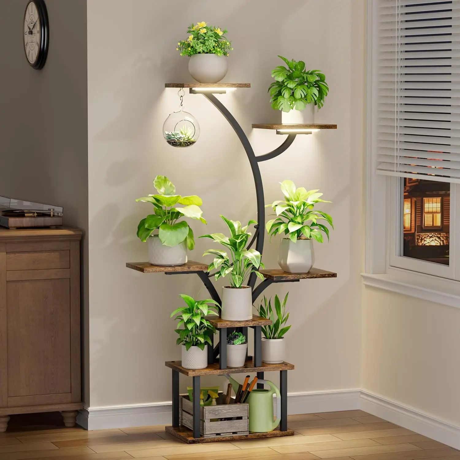 47" Corner Plant Stand with Adjustable Grow Light, 7-Tier Metal Shelf for Indoor Plants in Living Room or Balcony