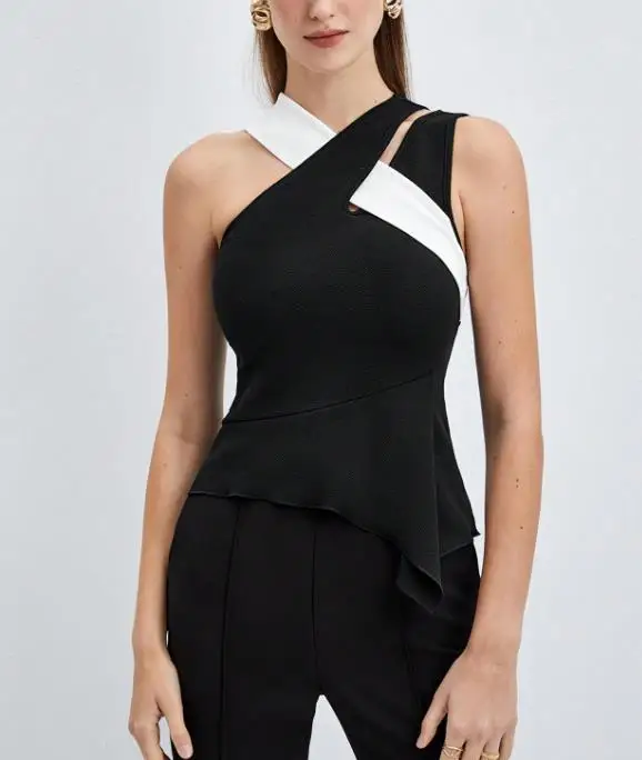 سترة نسائية 2026 ربيع التخسيس جديد عصري متباين اللون عبر الربط خط كشكش هيم ضيق المناسب سترة دون أكمام