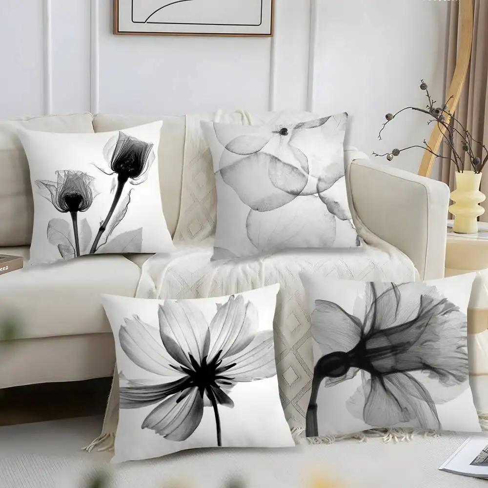 Schwarz-weißer Blumen-Kissenbezug, kurzer Plüsch-Druck, Kissenbezug, quadratisch, Dekokissenbezüge, Sofa, Heimdekoration