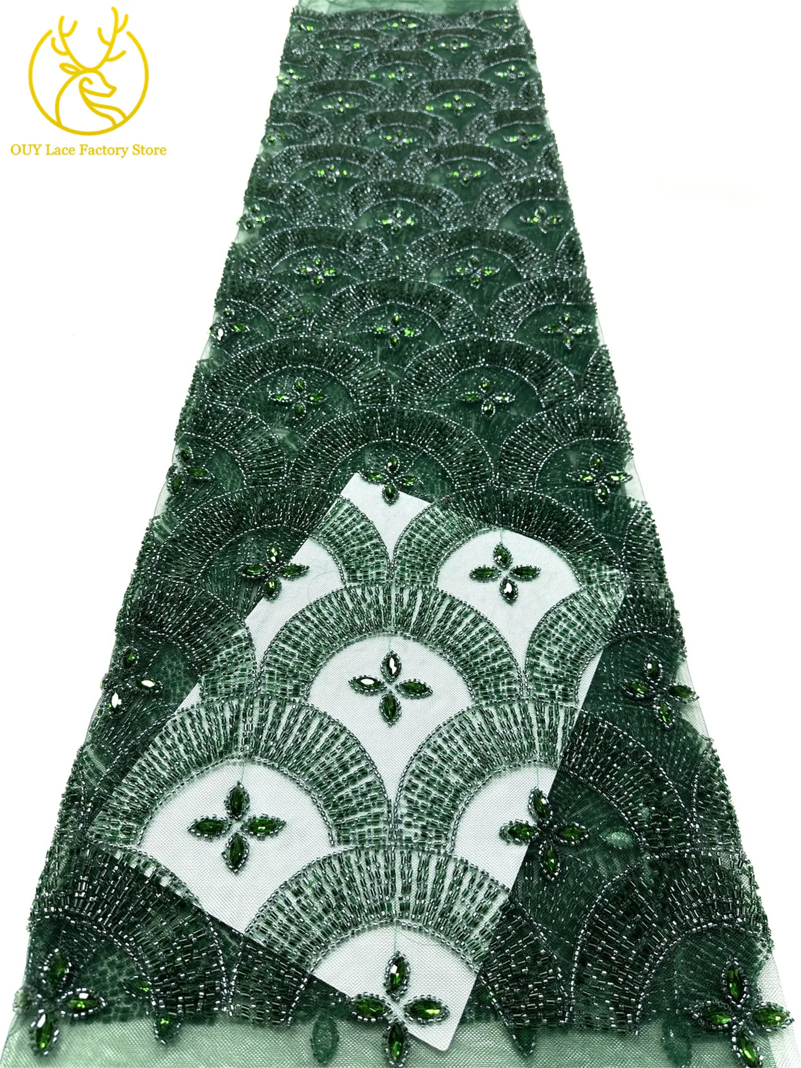 Smaragdgrüner Luxus Dubai Diamant-Perlen Tüll-Spitzenstoff Hochwertiger Afrikanischer Stein-Pailletten-Spitzenstoff für Abendkleider – Detail 20
