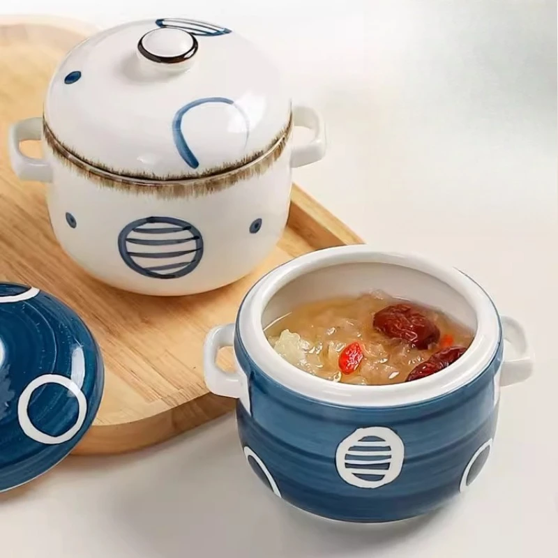 

LMM household ceramic crock pot soup stew cup with lid, one person stew cup